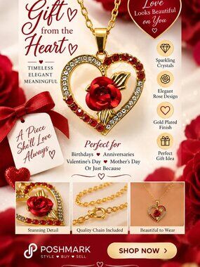 Gorgeous Gold-Plated Red & White Crystal Heart Necklace